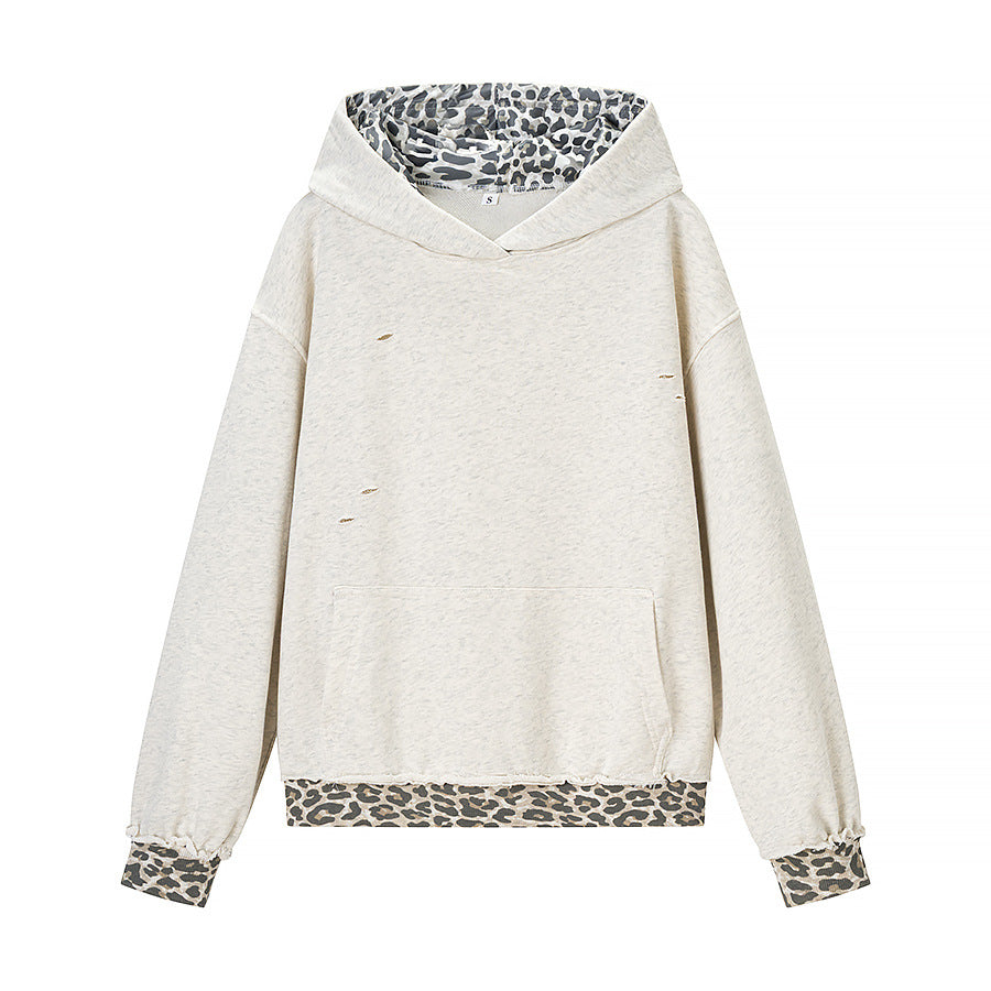 Women’s cropped oversized hoodie with leopard inner lining, used details and kangaroo pocket Fashion Glam