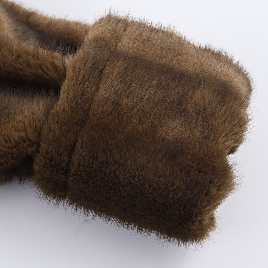 Women's Short Faux Fur Jacket with Voluminous Shawl Collar and Patch Pockets Fashion Glam