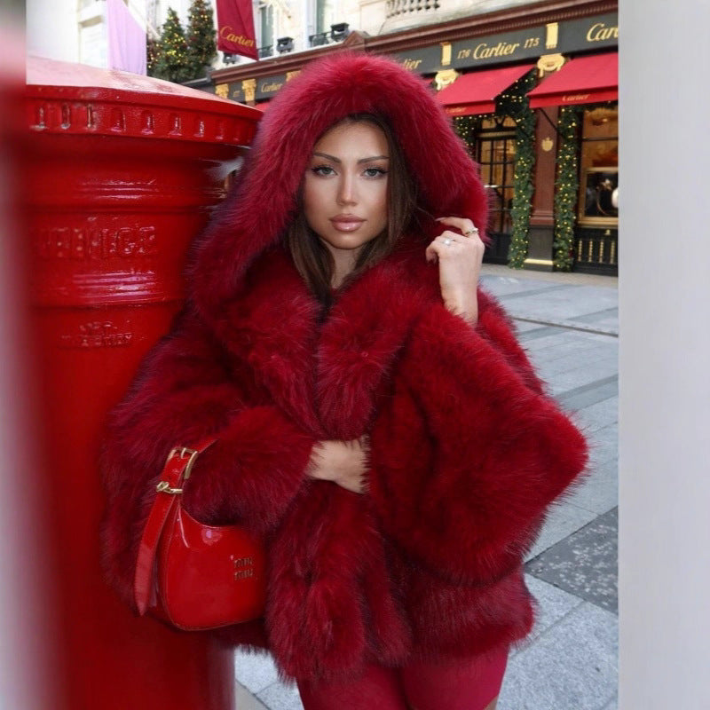 Women's Hooded Faux Fur Jacket with Voluminous Shaggy Silhouette Fashion Glam