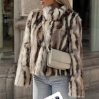 Women's short jacket in a faux fur mix with striped effect and stand-up collar Fashion Glam