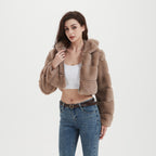Women's Cropped Faux Fur Jacket with Horizontal Panel Structure and Zipper Fashion Glam