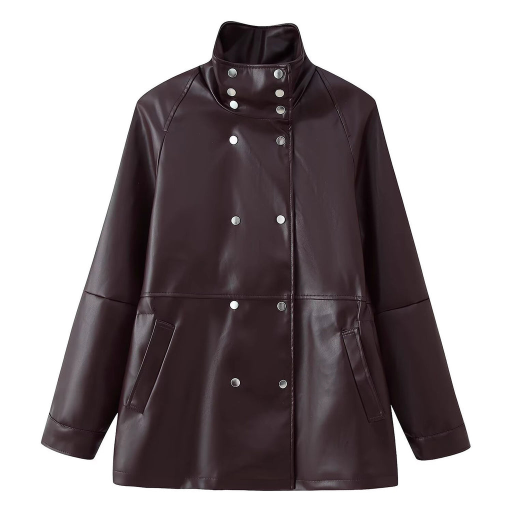Women's Mid-Length Faux Leather Coat with High Stand-Up Collar and Double-Breasted Snap Buttons Fashion Glam