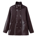Women's Mid-Length Faux Leather Coat with High Stand-Up Collar and Double-Breasted Snap Buttons Fashion Glam