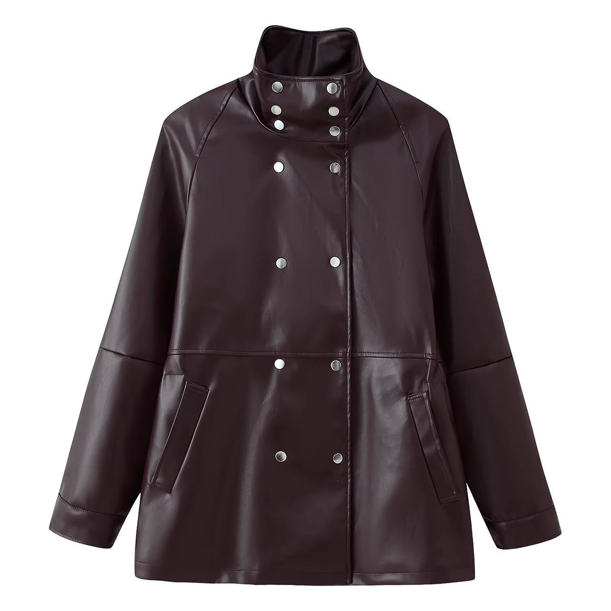 Women's Mid-Length Faux Leather Coat with High Stand-Up Collar and Double-Breasted Snap Buttons Fashion Glam