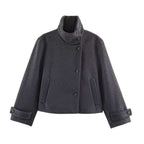Ladies' short wool coat with high stand-up collar, asymmetrical button placket, and adjustable cuff straps Fashion Glam