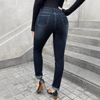 Women High-Waisted Slim-Fit Denim Jeans with Contoured Hip Seam Fashion Glam