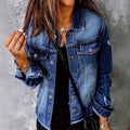 Women's Casual Denim Jacket with Distressed Details, Patch Chest Pockets and Frayed Hem Fashion Glam