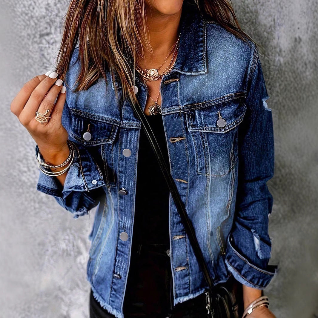 Women's Casual Denim Jacket with Distressed Details, Patch Chest Pockets and Frayed Hem Fashion Glam