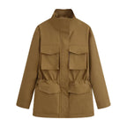 Women's utility jacket with drawstring waist, stand-up collar, and flap pockets Fashion Glam