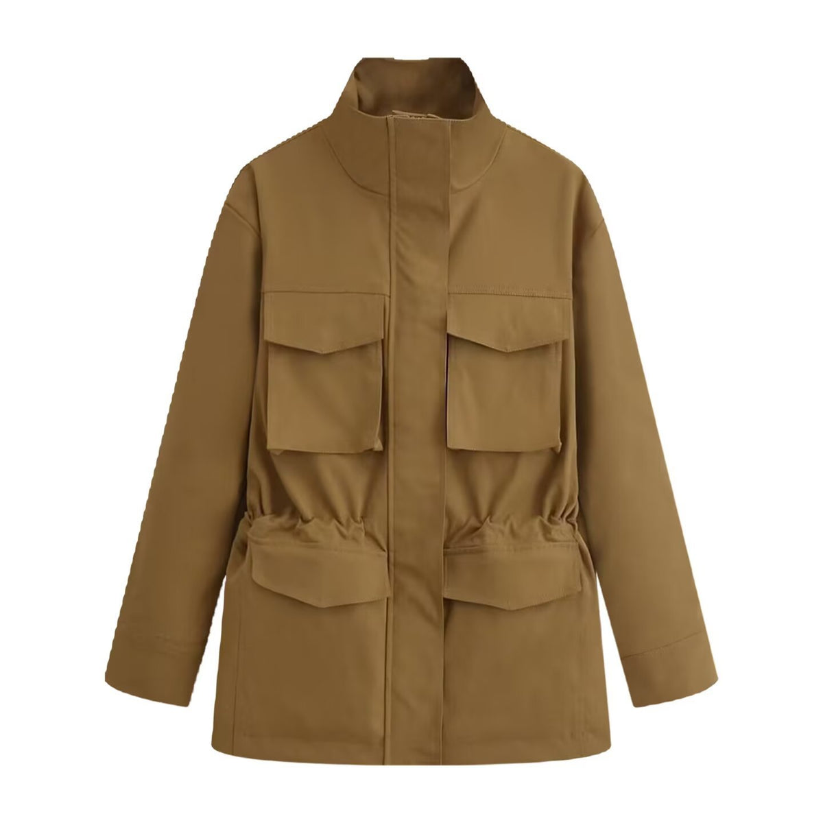 Women's utility jacket with drawstring waist, stand-up collar, and flap pockets Fashion Glam