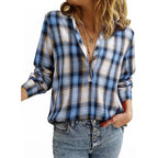 Women’s check blouse in oversized look with V-neck, button placket, and rounded hem Fashion Glam