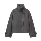 Women's Short Boxy Wool Coat with Asymmetrical Button Placket and Stand-up Collar Fashion Glam