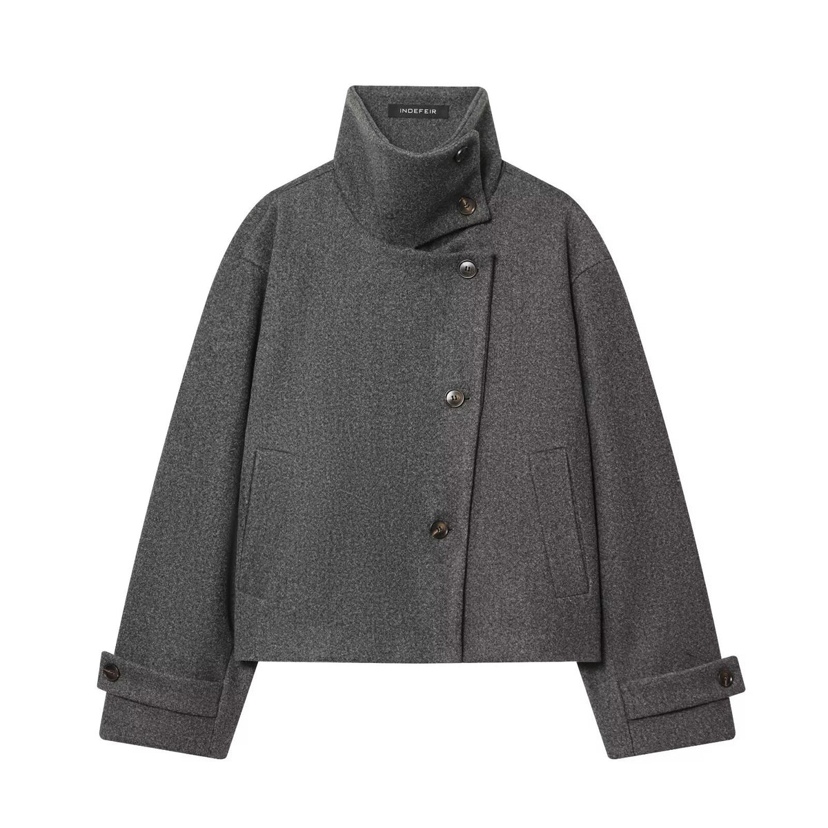 Women's Short Boxy Wool Coat with Asymmetrical Button Placket and Stand-up Collar Fashion Glam