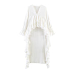 Women's maxi dress with asymmetric ruffle trim, V-neck and long ruffle sleeves Fashion Glam