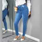 Women's shaping high-waisted skinny jeans with side pearl embellishment Fashion Glam