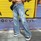 Women wide denim jeans with tribal appliqué, raw hem and relaxed fit Fashion Glam