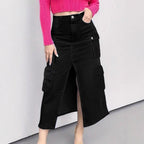 Women high waist cargo denim midi skirt with front slit and flap pockets Fashion Glam