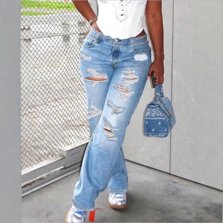 Women High-Waisted Relaxed-Fit Straight Jeans with pronounced Destroyed Details Fashion Glam