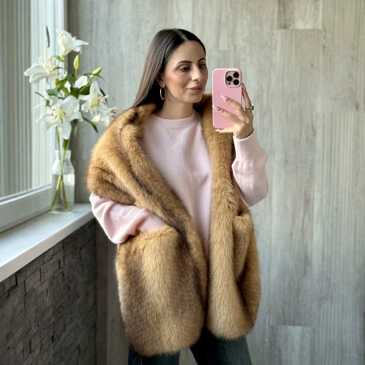 Ladies' Luxurious Long Faux Fur Stole with Voluminous Shawl Collar Fashion Glam