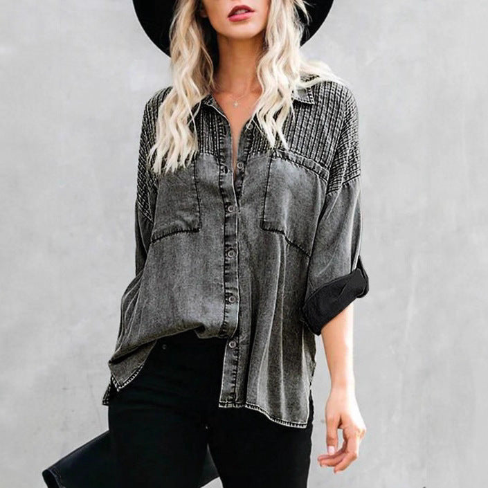 Women's Oversized Denim Blouse with Quilted Yoke, Button Placket and Patch Chest Pockets Fashion Glam