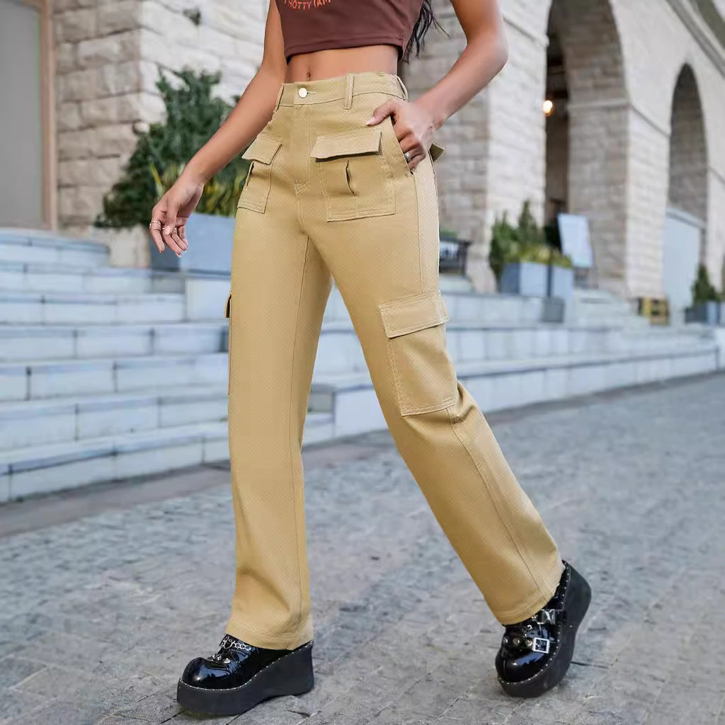 Women's wide cargo pants with a high waist and flap pockets Fashion Glam