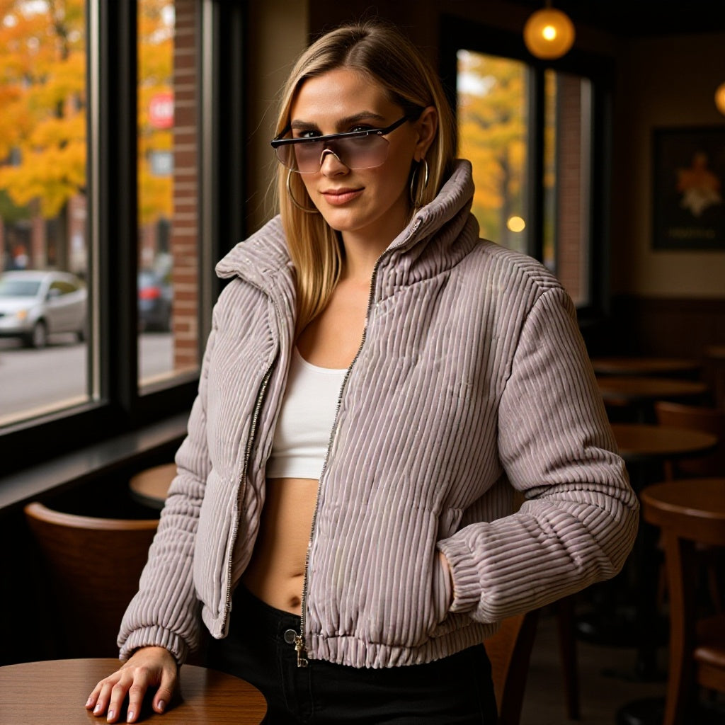 Women's short padded jacket in cord look with high stand-up collar Fashion Glam