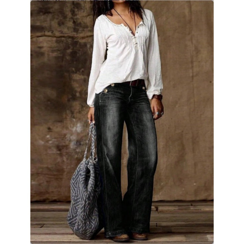 Women's Wide Vintage Jeans with High Waist and Used Wash Fashion Glam