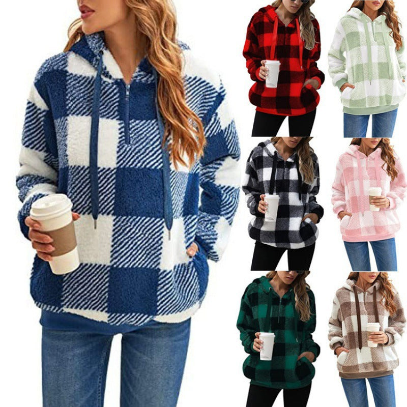 Women's Oversized Sherpa Hoodie in Check Pattern with Half Zipper and Kangaroo Pocket Fashion Glam