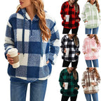 Women's Oversized Sherpa Hoodie in Check Pattern with Half Zipper and Kangaroo Pocket Fashion Glam