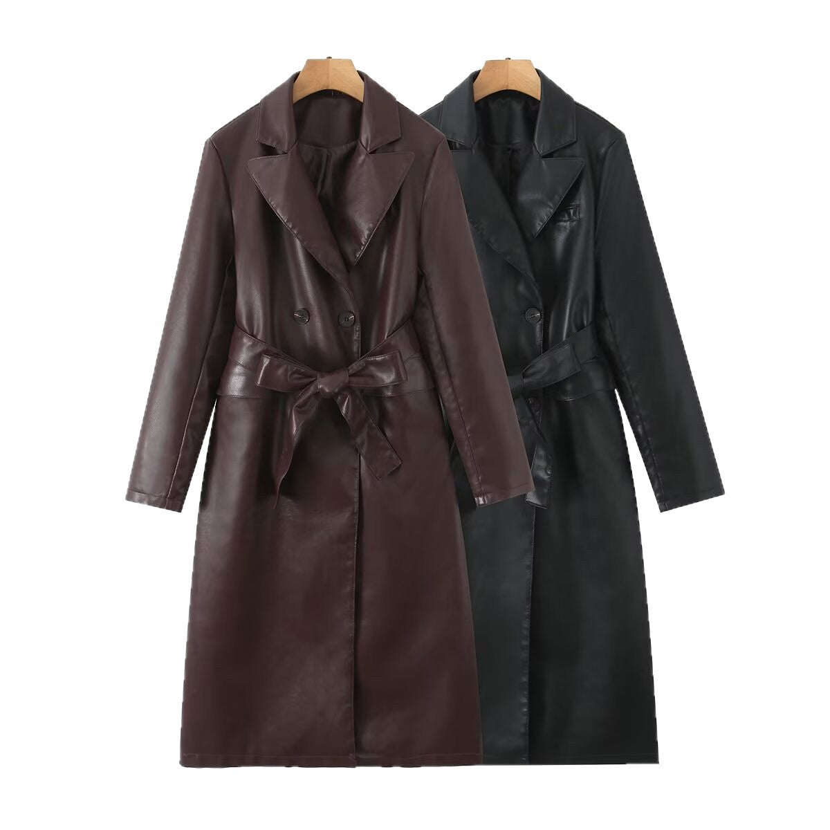 Women's Longline Faux Leather Trench Coat with Double-Breasted Button Placket and Waist Belt Fashion Glam