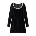 Women's fitted flared mini dress made of velvet with embellished square neckline Fashion Glam