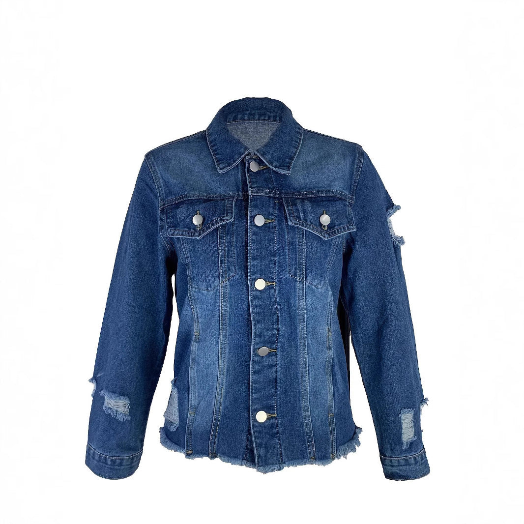 Ladies short cut denim jacket in trucker style with fringe detailing Fashion Glam