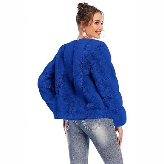 Women's Short Plush Bomber Jacket made of Faux Fur with Boxy Silhouette and Panel Sleeves Fashion Glam