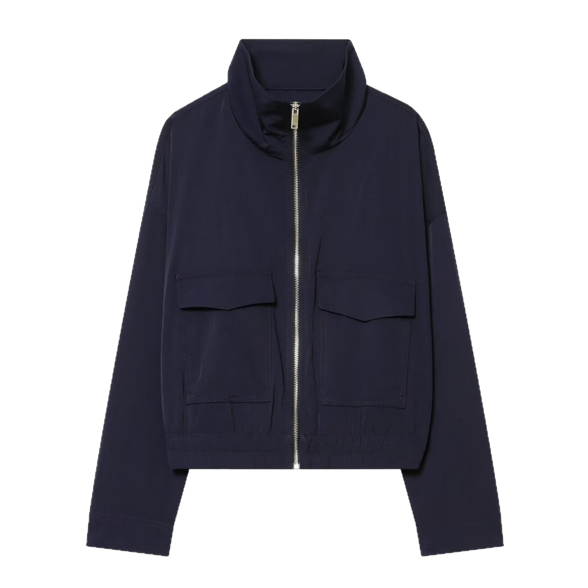 Women's Short Bomber Jacket with Stand-Up Collar, Zipper and Chest Flap Pockets Fashion Glam