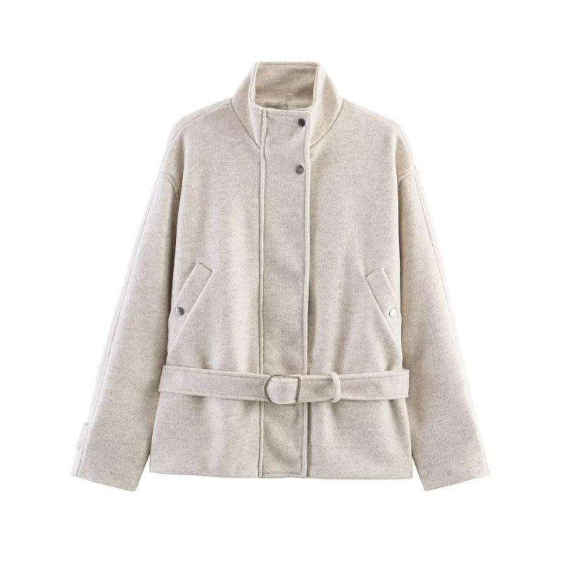 Women's Tailored Wool Blend Short Coat with Stand-up Collar and Tie Belt Fashion Glam