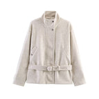 Women's Tailored Wool Blend Short Coat with Stand-up Collar and Tie Belt Fashion Glam