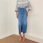 Women Retro-inspired High-Waist Denim Midi Skirt with Central Front Slit and Fitted Silhouette Fashion Glam