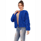 Women's Short Plush Bomber Jacket made of Faux Fur with Boxy Silhouette and Panel Sleeves Fashion Glam