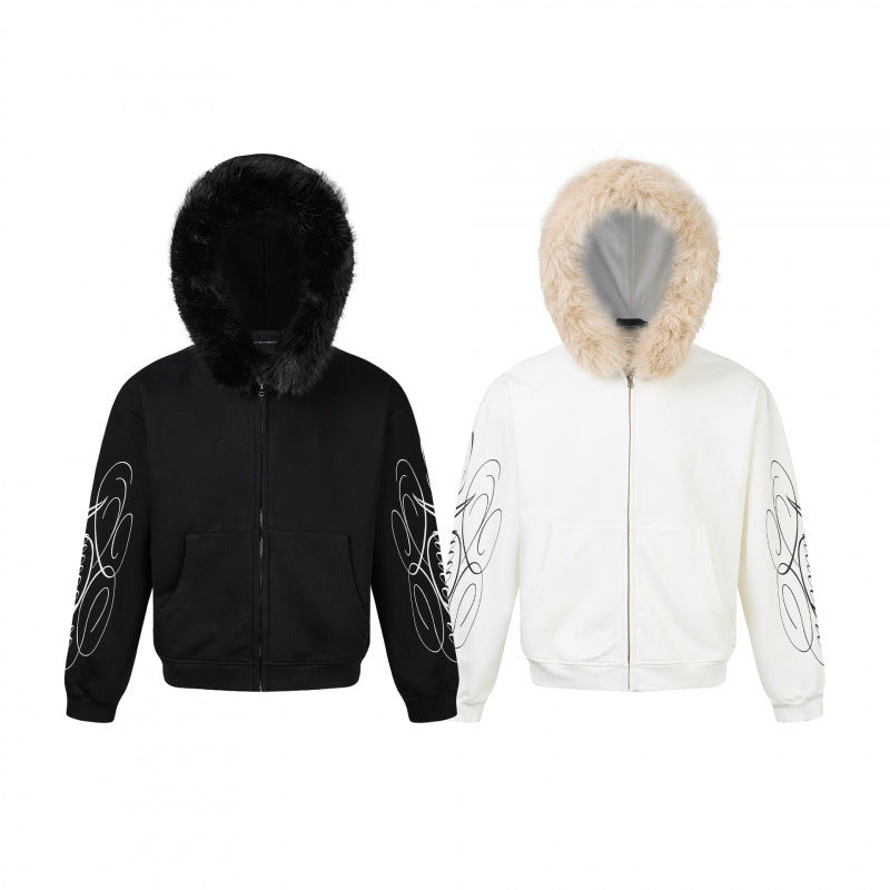 Unisex Oversize hoodie jacket with faux fur trim, zipper and graphic sleeves Fashion Glam