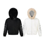 Unisex Oversize hoodie jacket with faux fur trim, zipper and graphic sleeves Fashion Glam