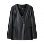 Women's Tailored Faux Leather Blazer with Single Button and Contoured Silhouette Fashion Glam
