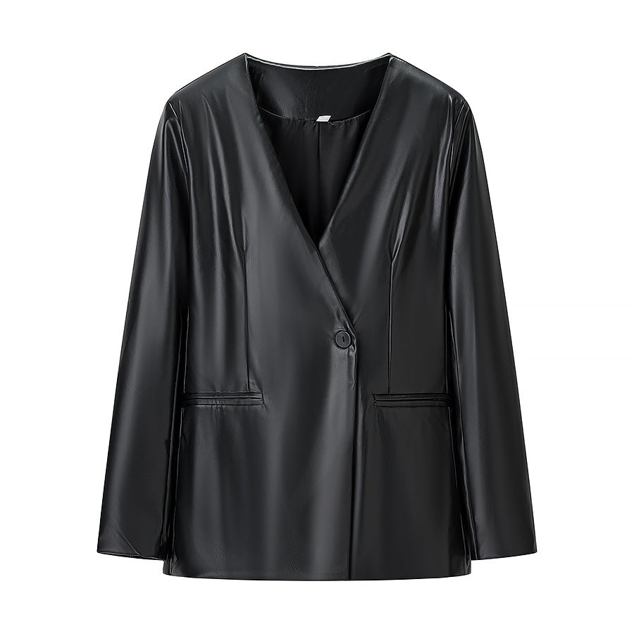 Women's Tailored Faux Leather Blazer with Single Button and Contoured Silhouette Fashion Glam