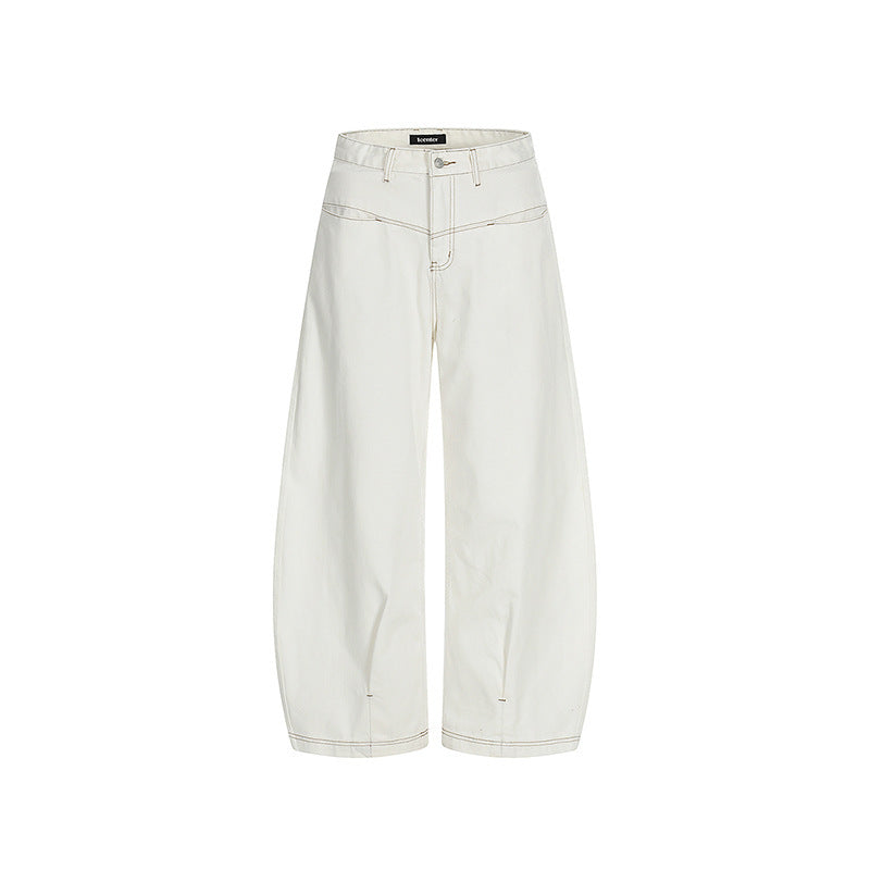 Women Wide Cropped Balloon Jeans with High Waist and Visible Contrast Stitching Fashion Glam