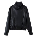 Women's Oversized Faux Leather Jacket with Shirt Collar and Elastic Hem Fashion Glam