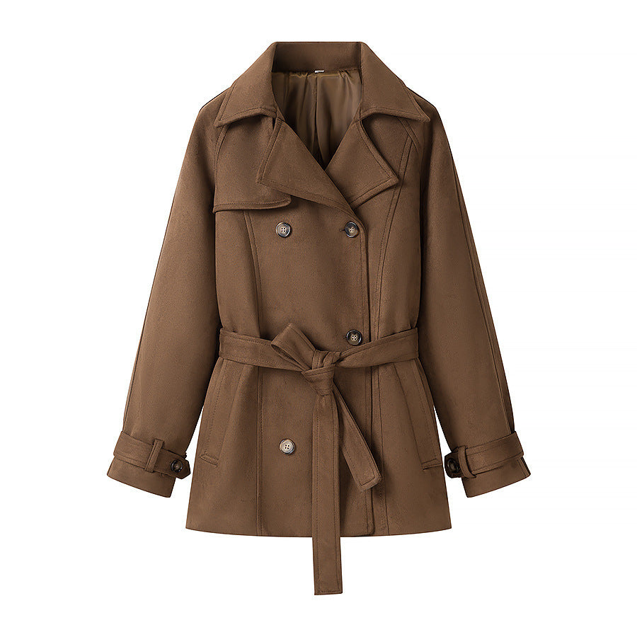 Women's short coat double-breasted with tie belt and lapel collar Fashion Glam