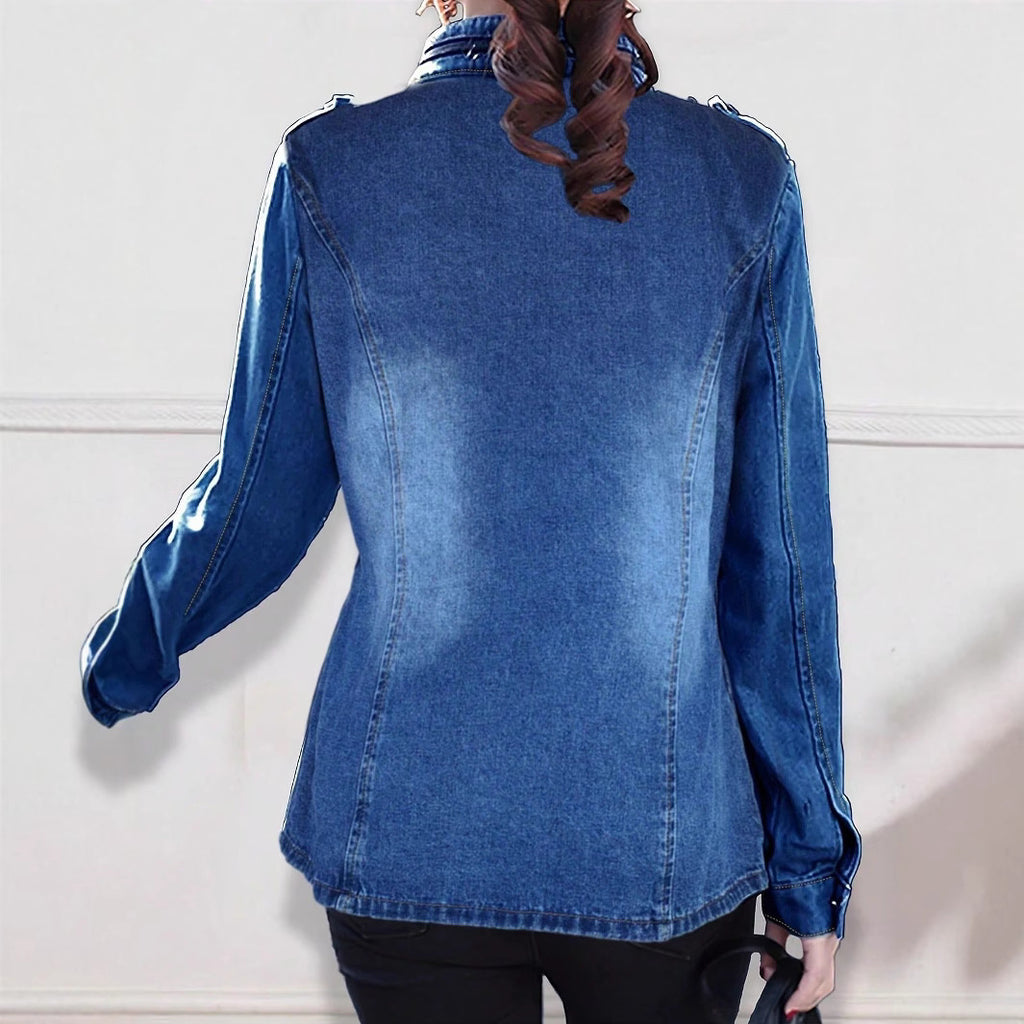 Women tailored denim jacket in military style with stand-up collar and flap pockets Fashion Glam