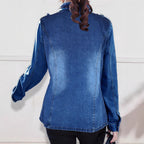 Women tailored denim jacket in military style with stand-up collar and flap pockets Fashion Glam