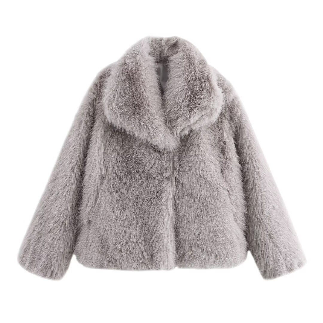 Women short cut boxy faux fur coat with shawl collar Fashion Glam
