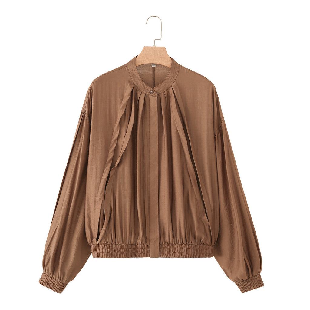 Women’s lightweight blouson jacket with pleated front, stand-up collar, and elastic hem Fashion Glam