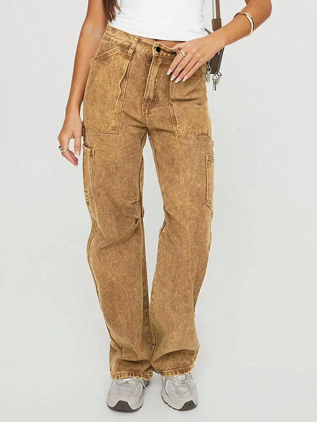 Women's Loose Utility Cargo Jeans with Straight Leg and Patch Pockets Fashion Glam